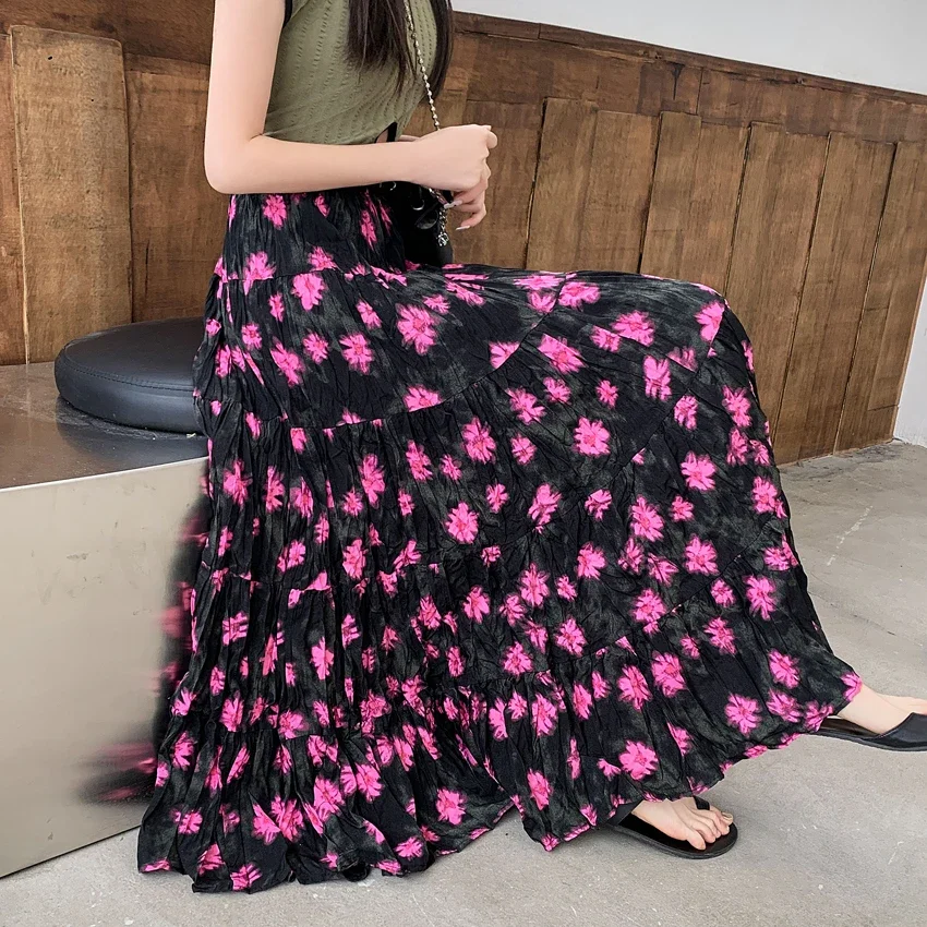 Rok a-line panjang musim panas wanita rok Bohemian lipat pinggang tinggi elastis rok Mode Bawah dengan lapisan