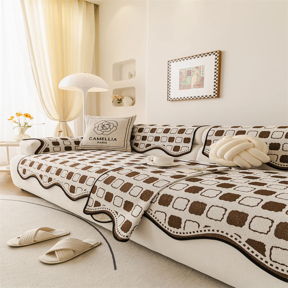 Vintage High-end Straight Sofa Cushion Autumn and Winter Plush Leather Sofa Special Cushion Fixed Anti-slip Cover Cover Cloth