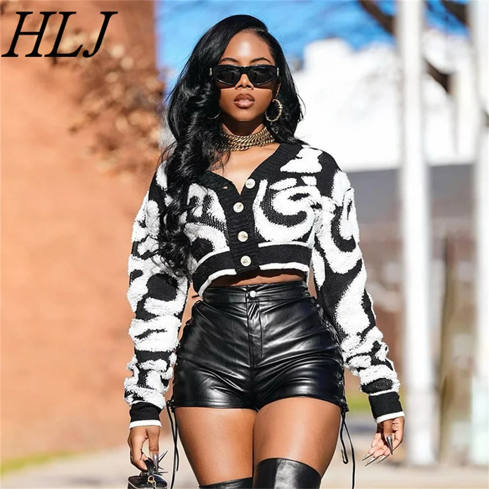 HLJ Fashion Sweet Patchwork Knitting Slim Crop Tops Women V Neck Long Sleeve Button Print Coats Autumn Female Sweater Cardigan