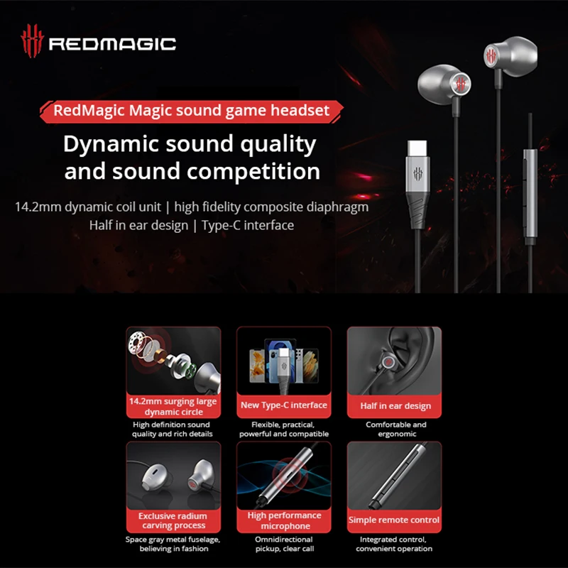 Nubia RedMagic MagicSound Gaming Earphone Type-C/3.5mm Earbuds Earphone 14.2mm Driver Diameter Headset For RedMagic