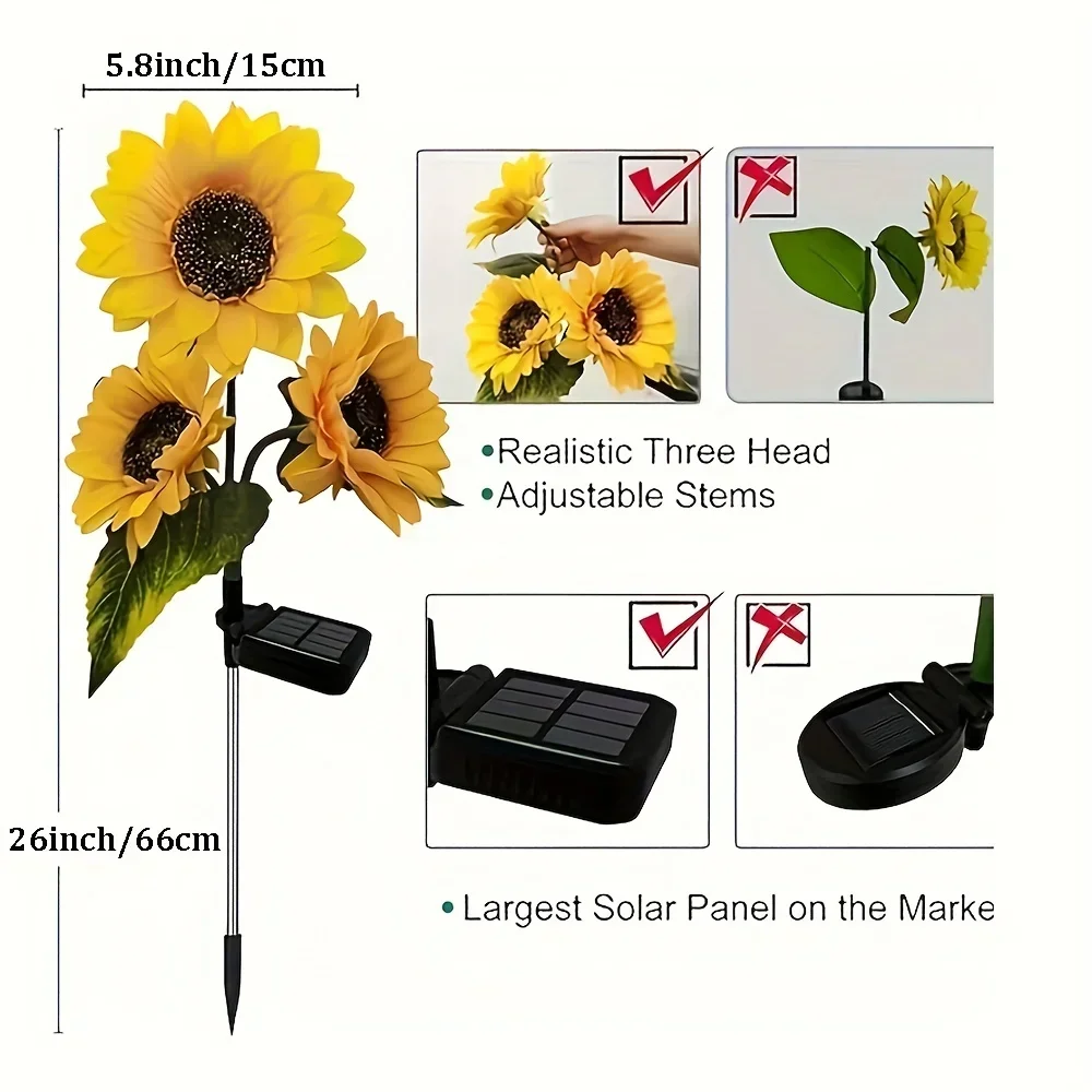 1pc Solar Sunflower Lights 3 Head Garden Stake Outdoor Decorative Waterproof LED Landscape Lights for Patio, Garden, Yard