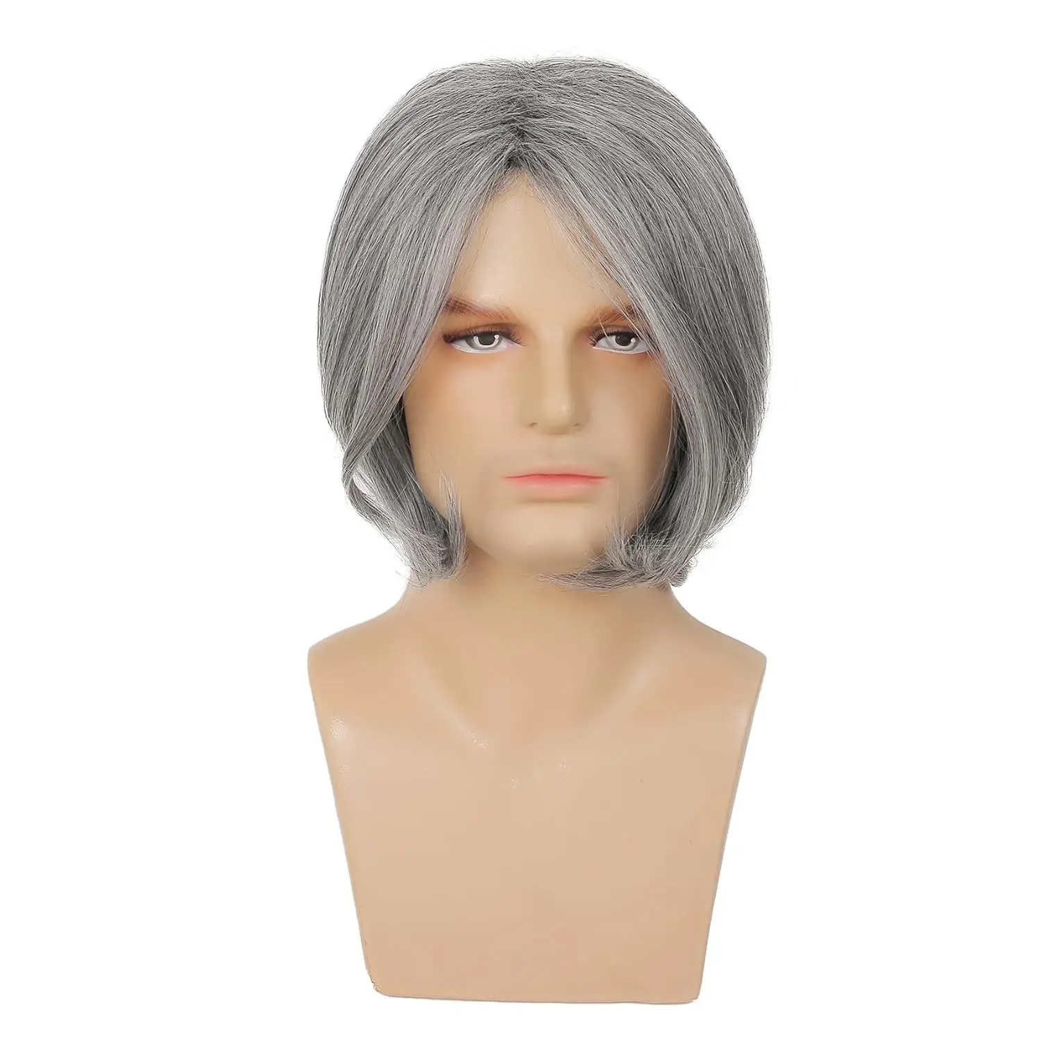 Synthetic Sliver Grey Short Wigs Medium Length Straight Wig for Men Daily Wear Looking Realistic Fake Hair