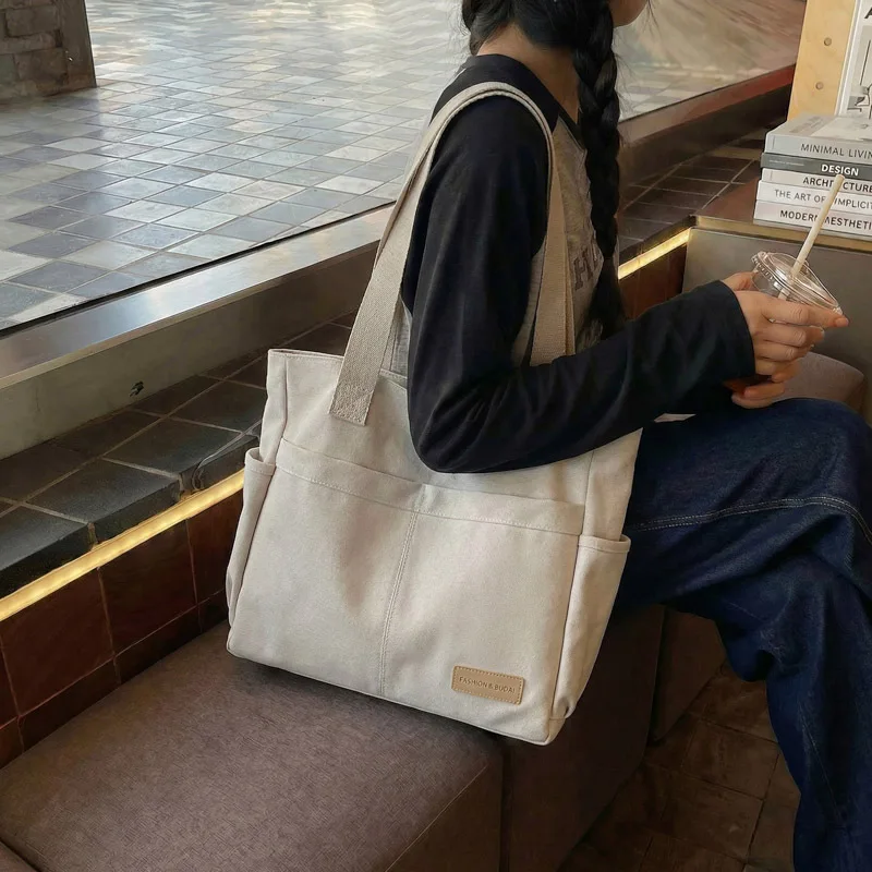 

New Retro Solid Canvas Tote Bag for Women Multi Pocket Large Capacity Shoulder Underarm Bag Korean Style Versatile Phone Bag