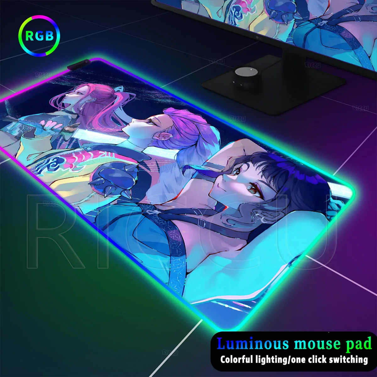 

Коврик для мыши RGB K-Pop Demon Hunters с LED-подсветкой, для киберспорта, игровой коврик для ПК, аксессуары для стола с изображением девичьей группы, аниме-коврик для геймеров