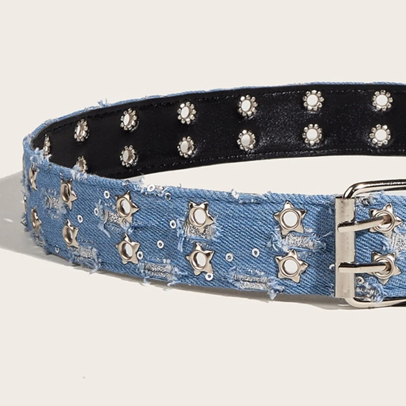 Double Pin Buckle Belts Washed Denim Design Adjustable Waist Straps