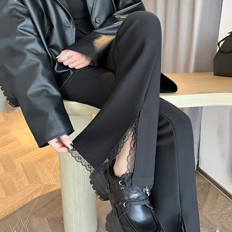 Traje con solapa ligeramente con abertura de encaje negro para mujer, nuevos pantalones informales de pierna ancha y cintura alta