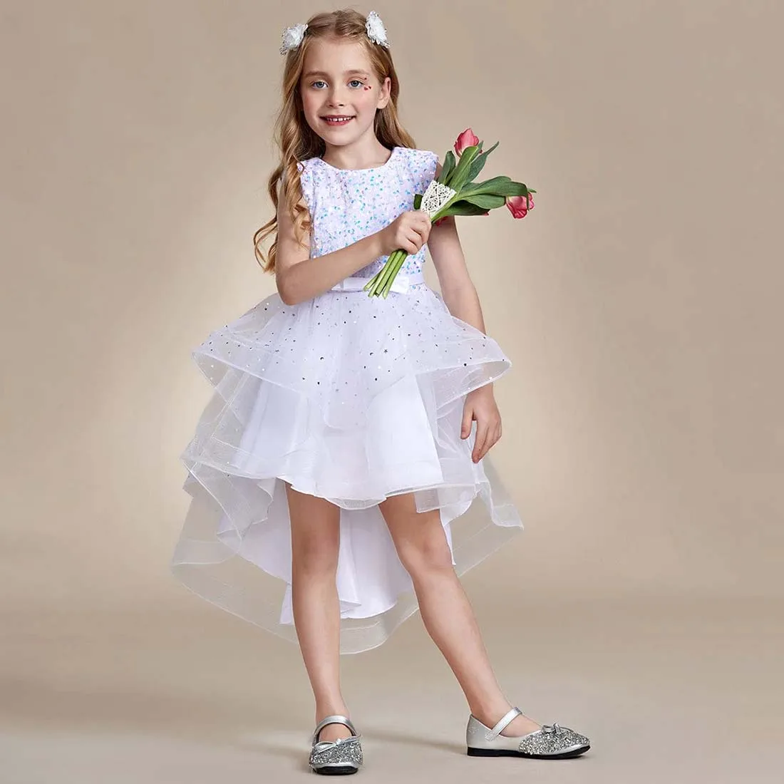 YZYManual-Vestido Sparkling Flower Girl, Vestido Alto e Baixo, Linha A, Sem Mangas, Multi-Layered, 2-15T