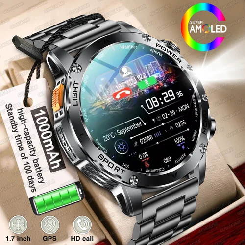 2025 hombres 1,7 pulgadas pantalla AMOLED reloj inteligente 1000mAh batería ritmo cardíaco Bluetooth llamada NFC GPS Tracker deportes Fitness relojes nuevo