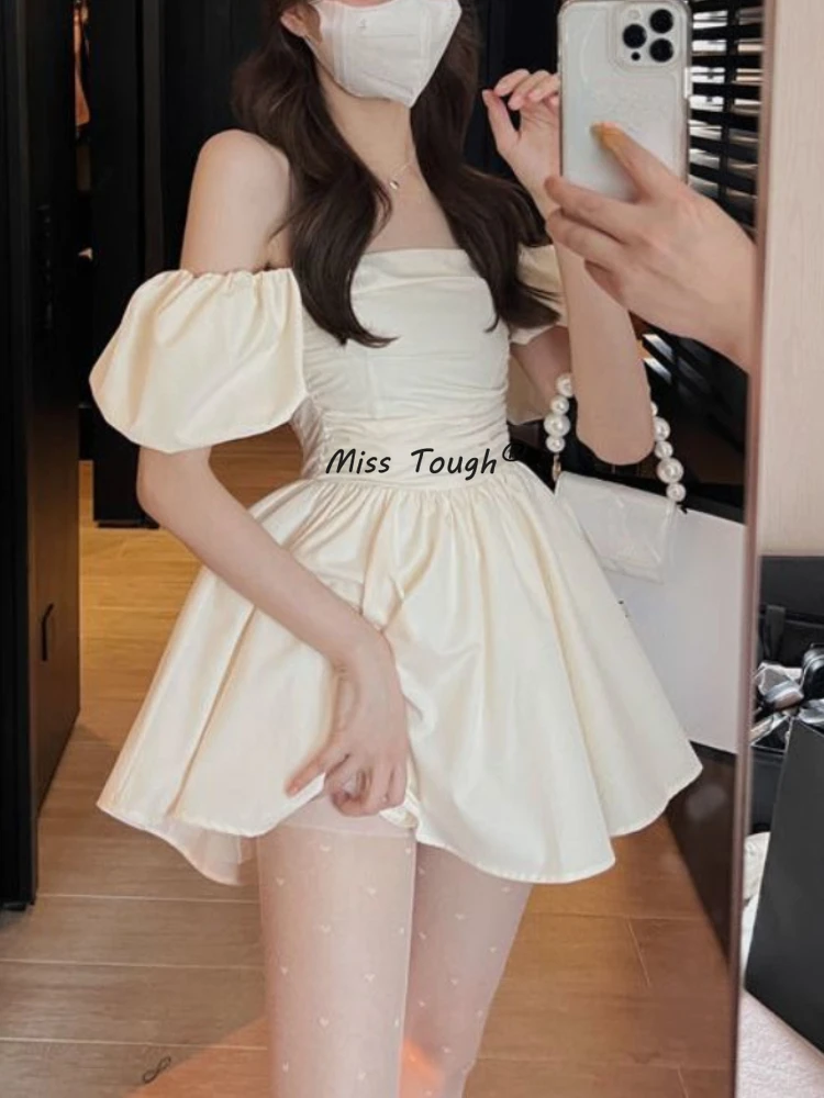 Summer Kawaii Elegant Mini Dress Women Korean Fashion Backless Sweet Cute Dress Off Shoulder Fairy Casual Short Party Dress 2022