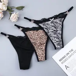 Korean New Sexy Leopard Stripe Thin Belt Panties Temptation Low Waist T-Back Underwear Lace Bow G-String for Women Lingerie