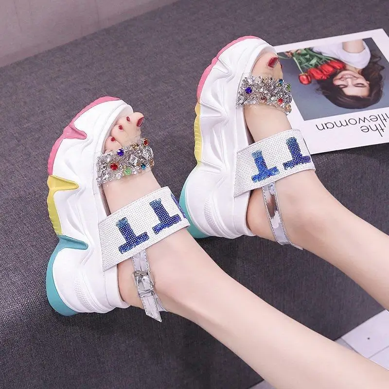 New 2023 Women Summer Wedge Sandals Transparent Crystal Chunky Platform Slippers Shoes Woman Rainbow Thick Bottom Sandalias