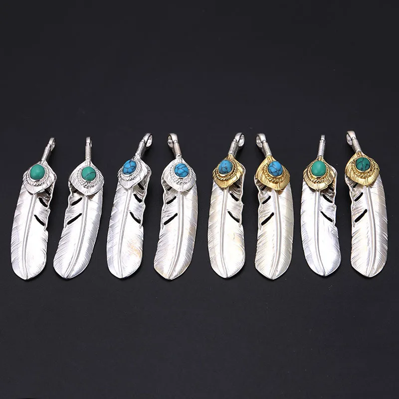 Japanese style handmade pure silver dot gold turquoise feather pendant for men and women, fashionable and personalized pendants,