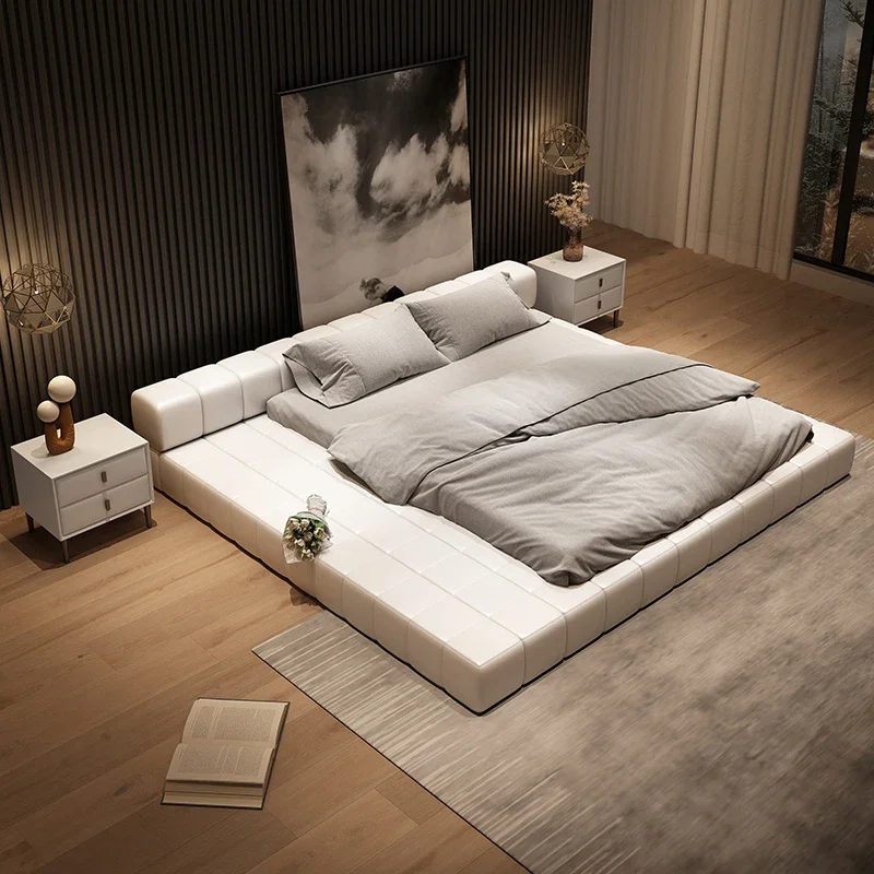 Italian extremely simple leather bed light extravagant simple master bedroom landing bed Japanese-style dwarf bed