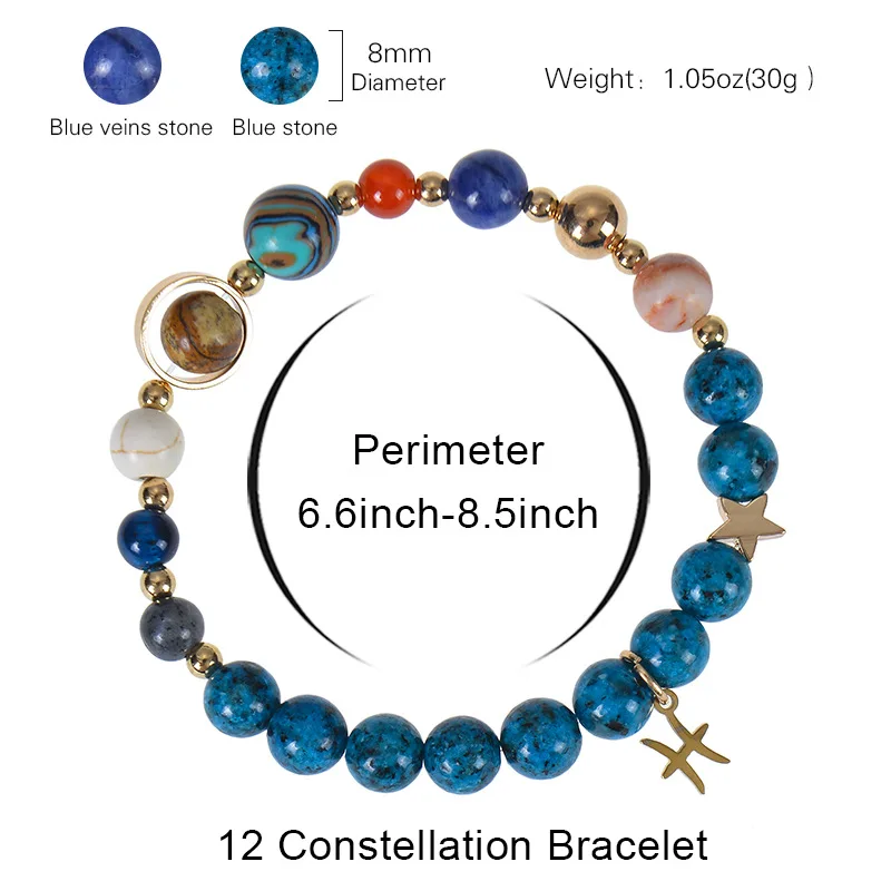 12pcs Zodiac Constellation Signs Bracelet 8mm Stone Beads Planet Charms Astronomical Birthstone Jewelry Gift for Women & Men