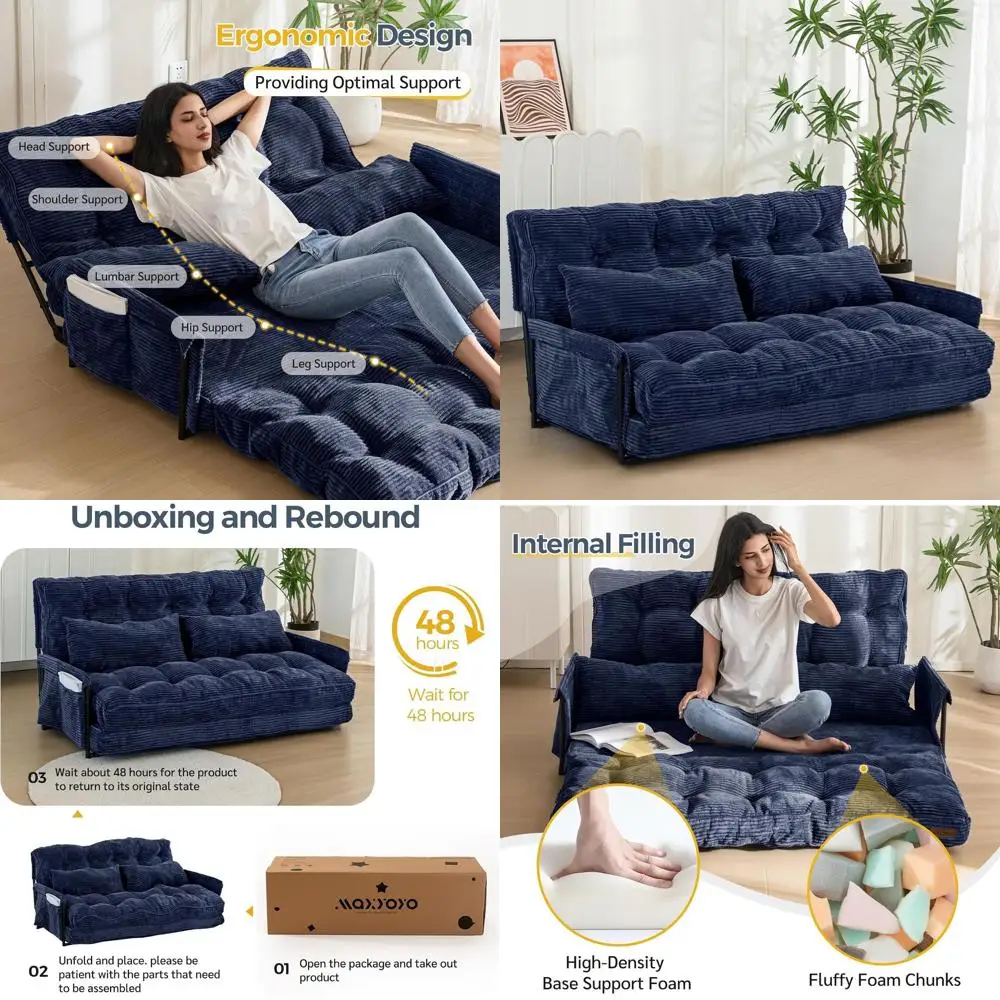 Multifunctional Bean Bag Bed with Adjustable Sofa, 5-Position Reclining Lazy Sofa Sleeper with Armrest, Navy Blue, Double Size