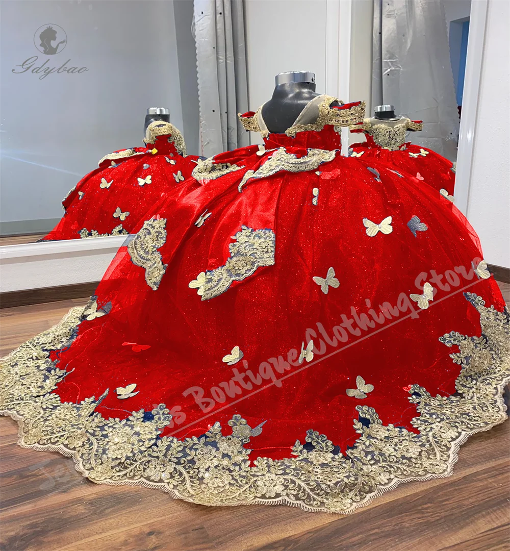 Luxury Red Flower Girl Dress With Fluffy Gold Lace Applique For Kids Birthday Party Wedding Banquet Performance Customizable