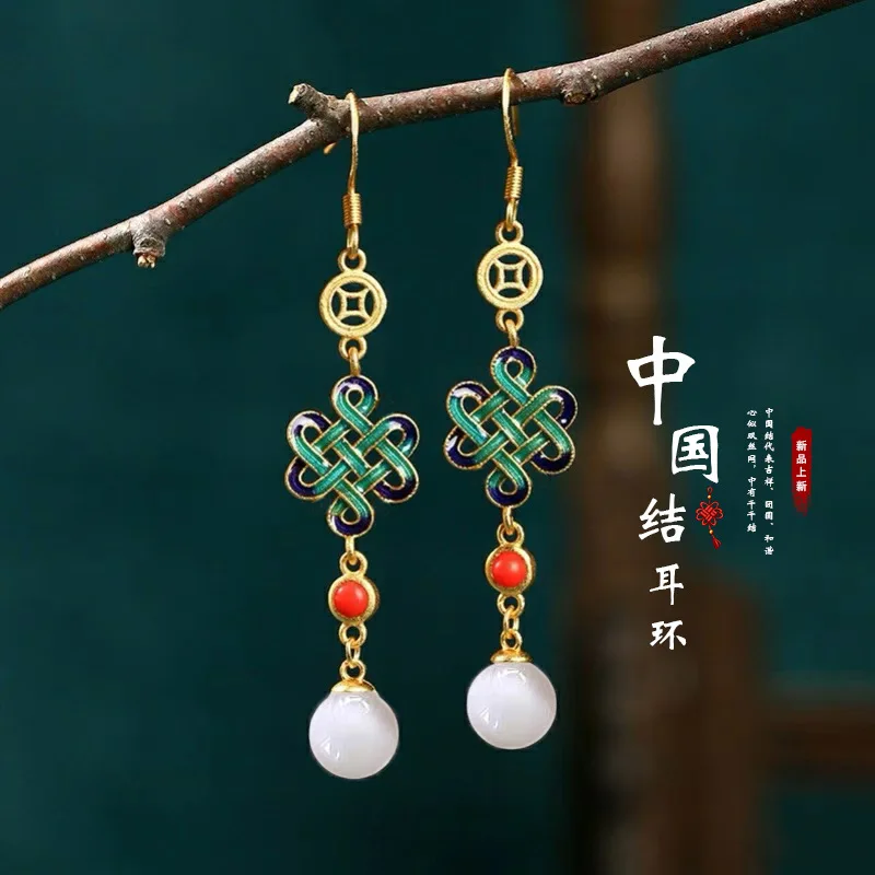Steel Fun Chinese Style Pink Green Pipa Butterfly Earrings for Women Girl Vintage Chinese Knot Folding Fan Ethnic Style Ear Stud