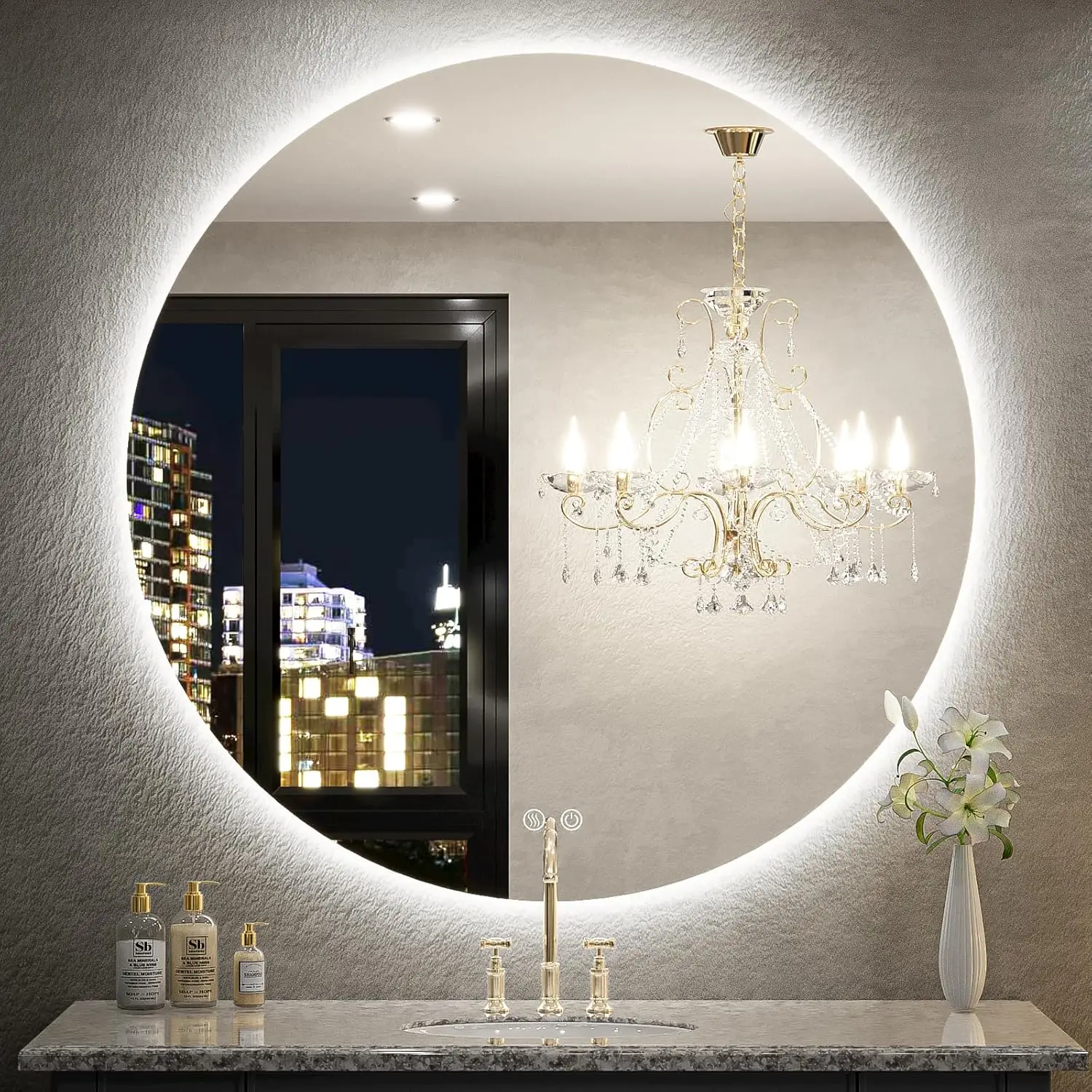 36 Inch LED Round Mirror Backlit Lighted Bathroom Mirror 6000K Wall Mounted Round Mirror with Lights Frameless Circular Light