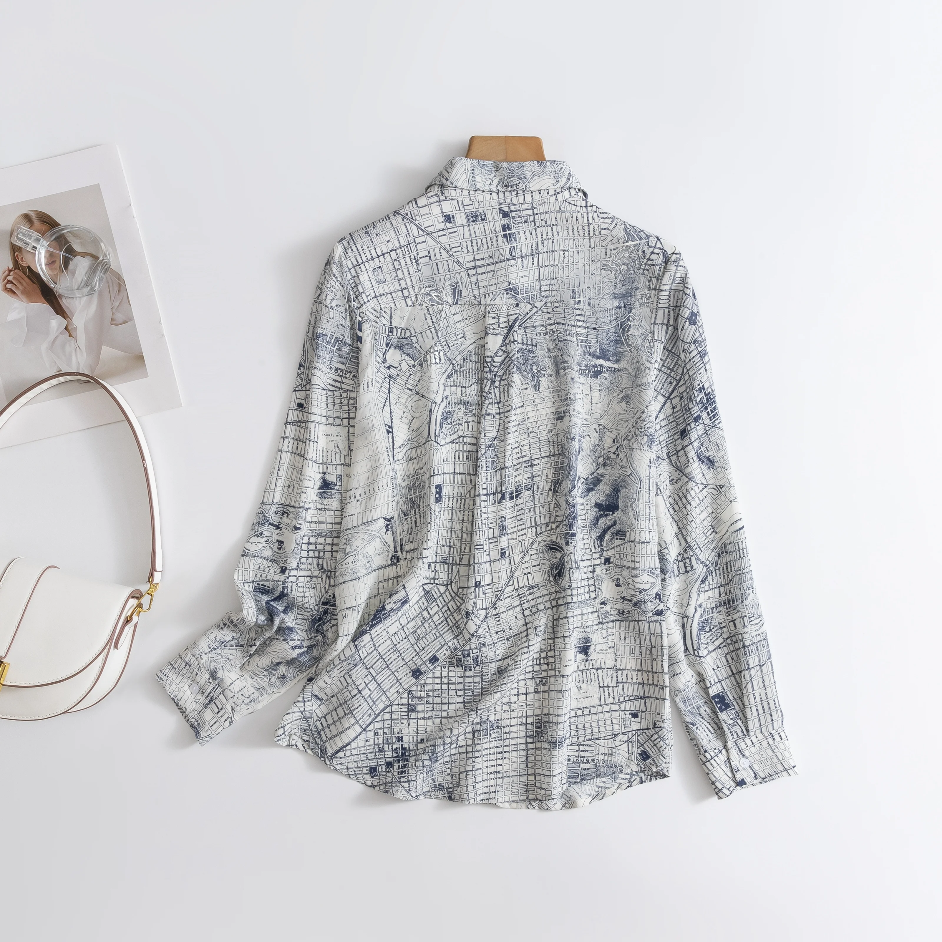 2025 Women's Autumn New 100% Natural Mulberry Silk 04 Crepe De Chine OL Style Loose Versatile Casual Long Sleeve Print Shirt