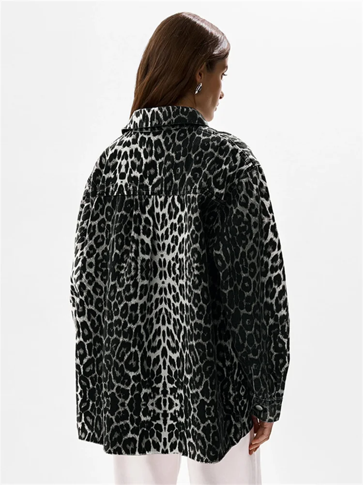 SUNSIREN-Casaco vintage com estampa leopardo para mulheres, outerwear de algodão puro dos anos 90, streetwear extragrande, jaquetas básicas retrô, Y2K, outono, 2024