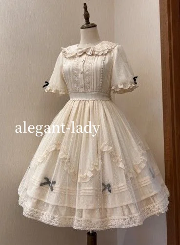 

White Lolita Corset Lace Prom Dress Cute Doll Neck Short Sleeve Tulle Appliqué Knee Length Short Customised Masquerade Dresses