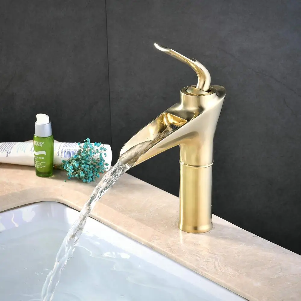 Gold Brass Waterfall Bathroom Sink Faucet Single Handle Lavatory Vanity Bath Rust & Corrosion Resistant Ceramic Single Hole