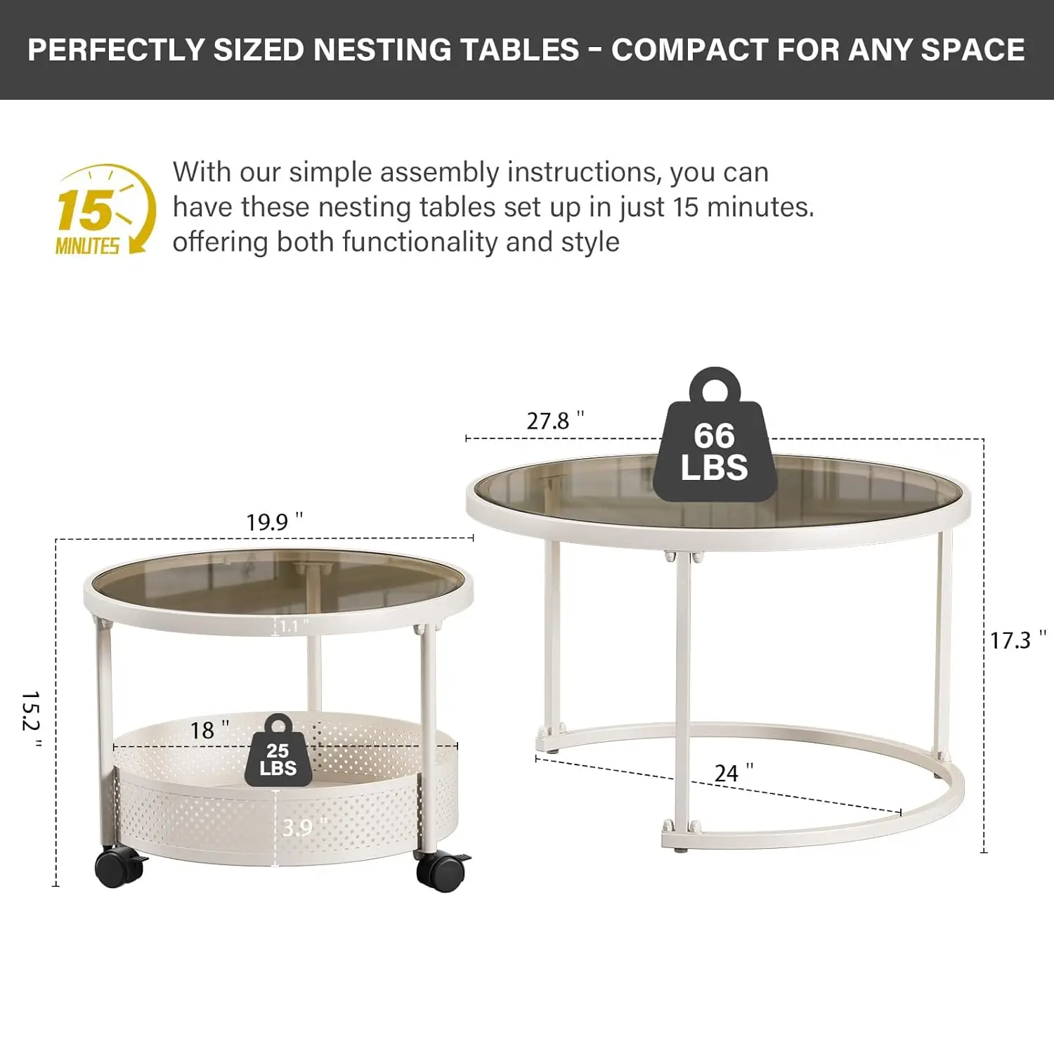 مجموعة طاولات قهوة مستديرة متعددة الاستخدامات مقاس 28 بوصة مكونة من قطعتين لغرفة المعيشة، وطاولة تعشيش مكدسة من الزجاج المقسى مع عجلات