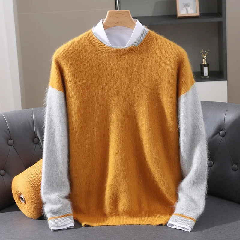 

Men's 100% Mink Cashmere round Neck Pullover Sweater Long Sleeve Thickened Autumn Winter Business Casual Color Blocking Knit Top