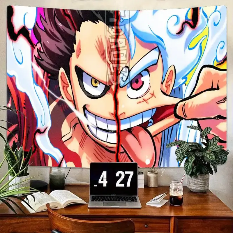 

1 шт., цельный гобелен в стиле аниме «Луффи», разделенные тона, настенное искусство с двумя половинными персонажами, динамические эффекты, декор для спальни и гостиной с Grinn