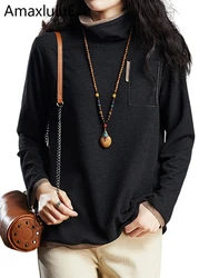 Amax luluE 2025 Turtleneck Loose Long Sleeve Tee Shirt Women Casual Green Tops Female Clothes Solid Color Basic Winter T-shirts