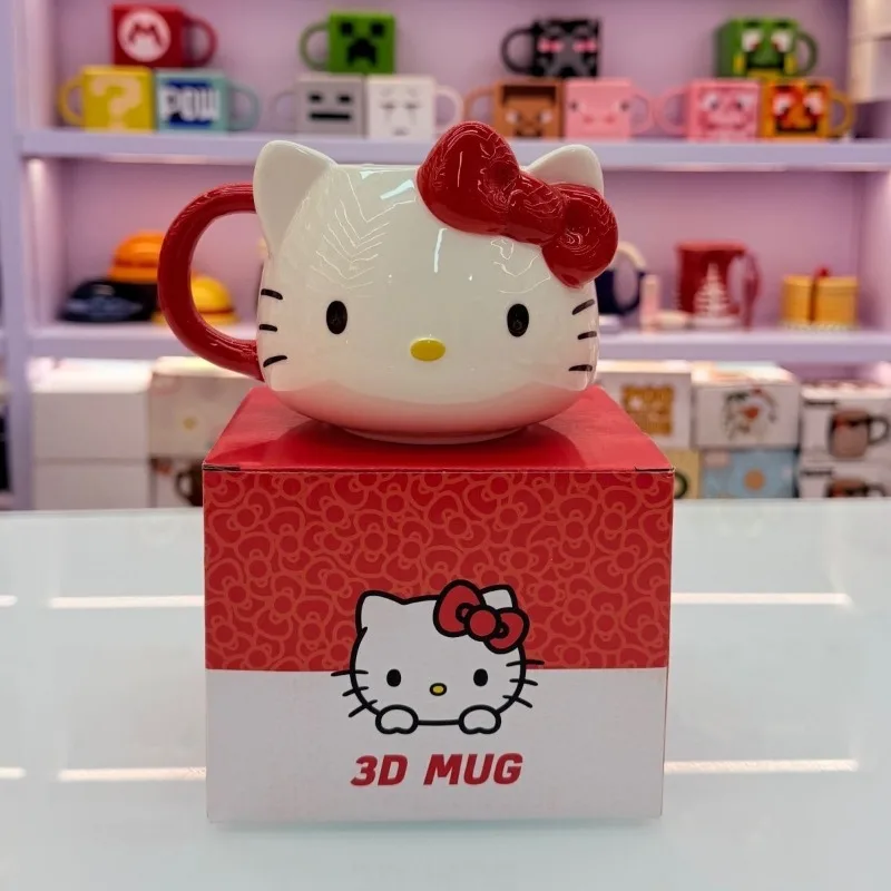 Аниме-кружка Sanrio Hello Kitty, милая креативная мультяшная керамическая кружка 450 мл, красная, без ложки, с кавайными украшениями, для питья воды, 2026