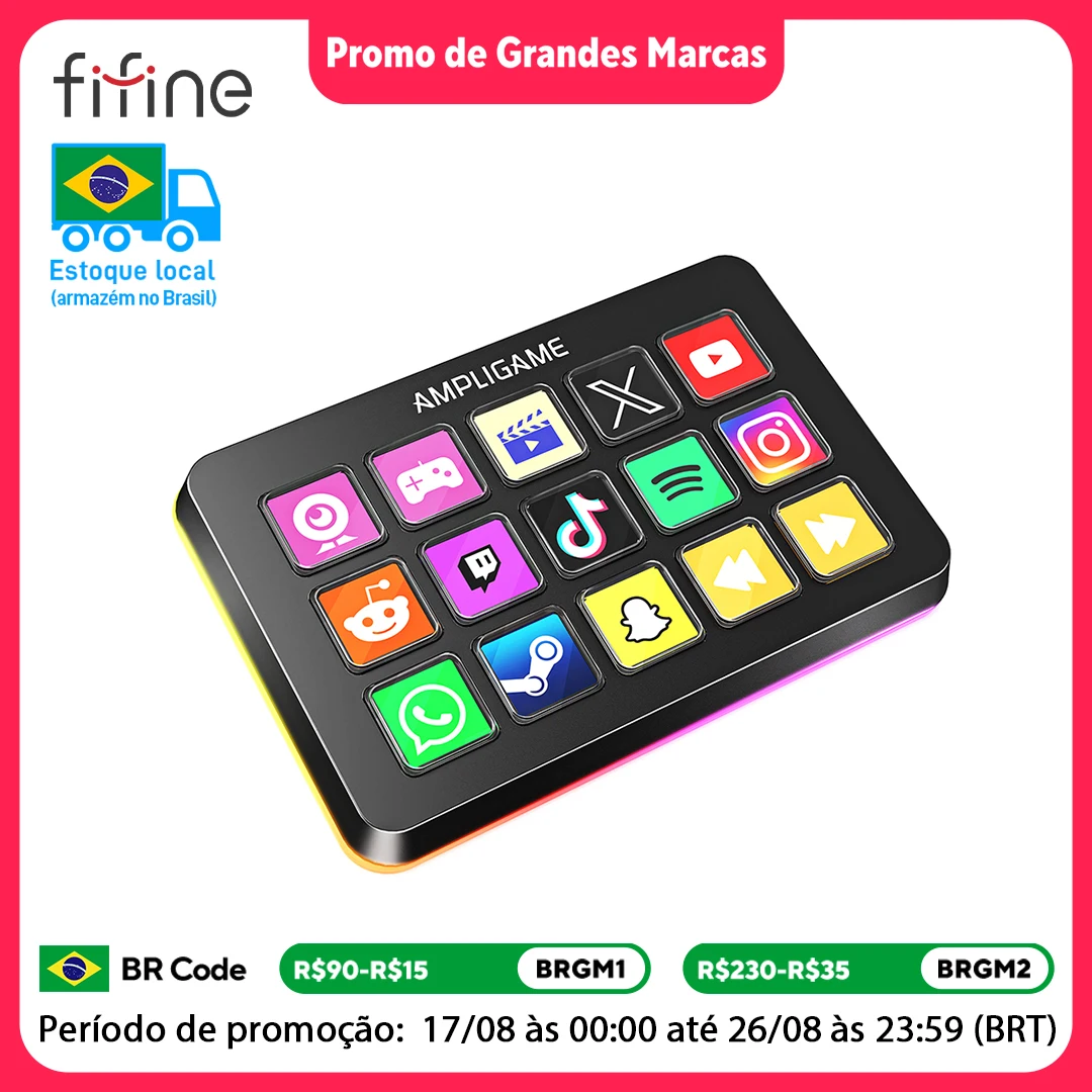 Controlador de fluxo FIFINE D6 com 15 teclas macro, ícones personalizados e controle de aplicativo para OBS/Twitch/YouTube, jogos/transmissão ao vivo/trabalho