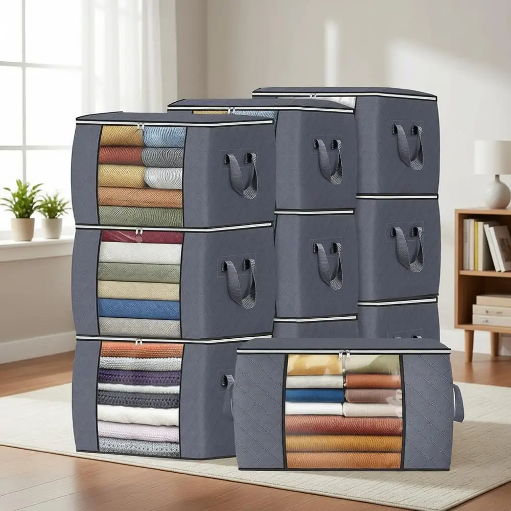 

10-Pack Grey Thick Fabric Storage Bags with Handles for Organizing Clothes, Blankets, and Bedroom Essentials