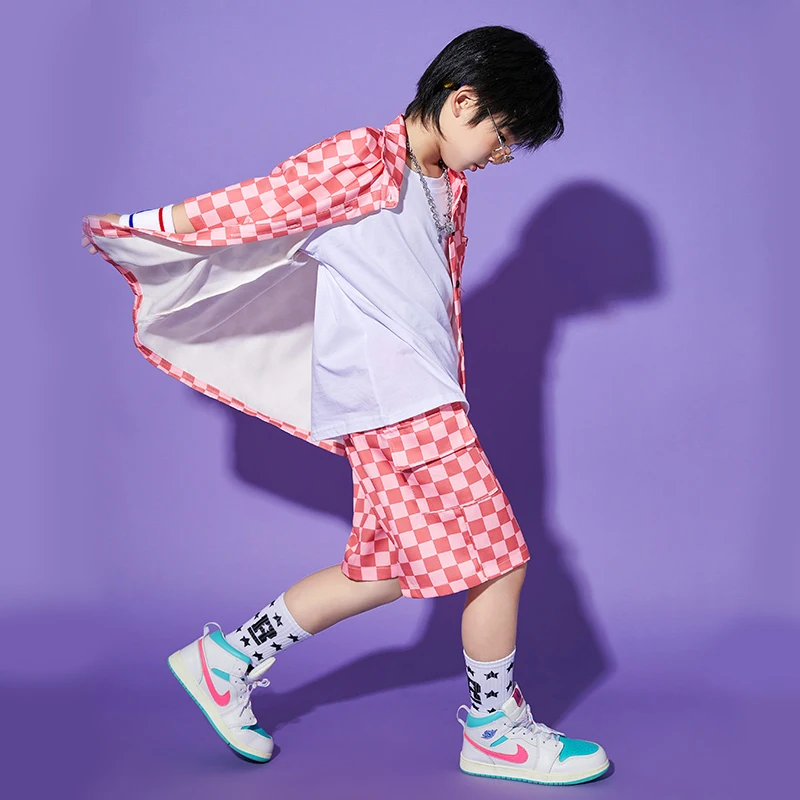 2022 Kids Streetwear Hip Hop Dance Clothes Girls Pink Lattice Shirt Shorts Boys Casual Outfit Modern Jazz Dance Costume BL9696