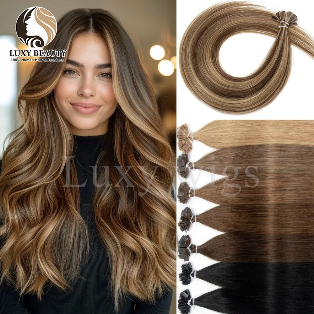 طرف مسطح وصلات شعر شعر بشري الكيراتين تلميح وصلات شعر الانصهار الساخن الطبيعي أسود أشقر Balayge براون شعر مسبق الربط #5