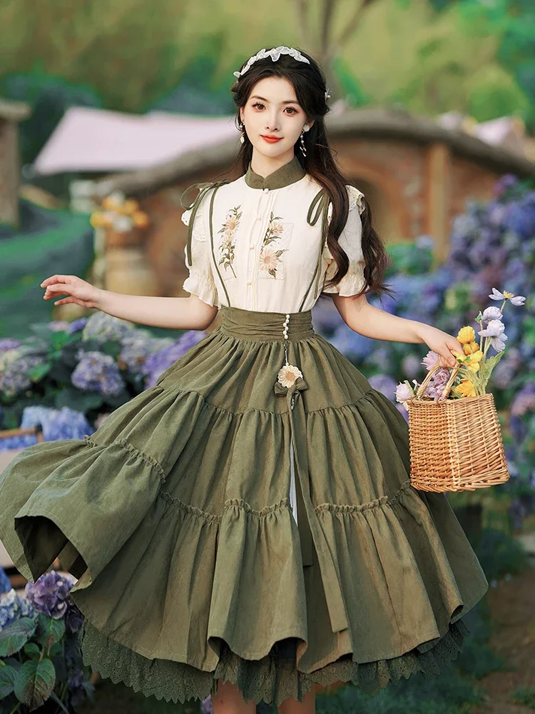 

Lolita Style 2 Piece Skirt Set for Women, Shirt Sleeve, Lace Patchwork, Long Skirts Outfits, Spring, Autumn, New, 2025