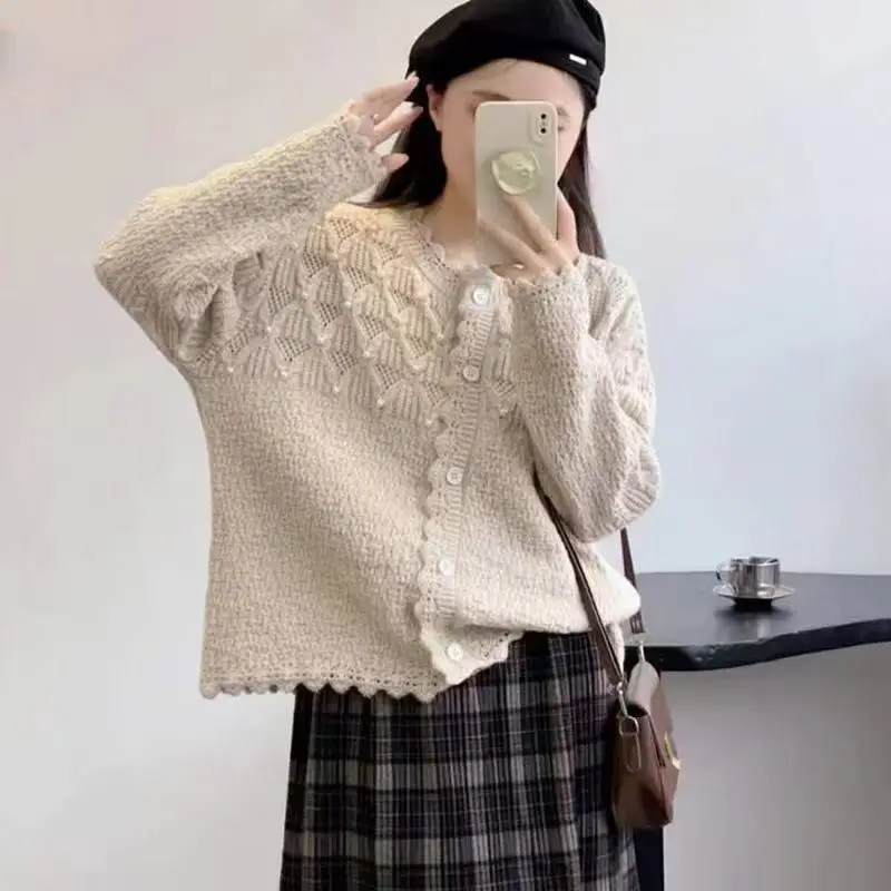 Autumn and Winter Design Sweater Sense Hollow Hook Flower Nail Bead Knitted Feminine Chic Temperament Paired with Long Sleeves