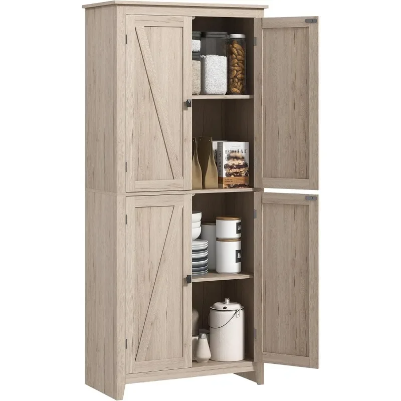 

72" Freestanding Kitchen Pantry Cabinet, Farmhouse Tall Storage Cabinet with 4 Door Cabinets and Adjustable Shelves for Dining