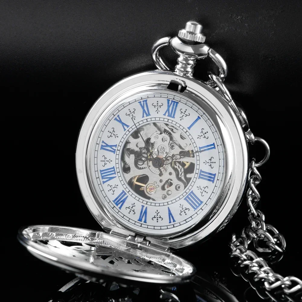 Silver Hollow Fish Design Vintgae Manual Mechanical Pocket Watch Blue Romen Numerals Watch Face Pendant Necklace Clock Man Women
