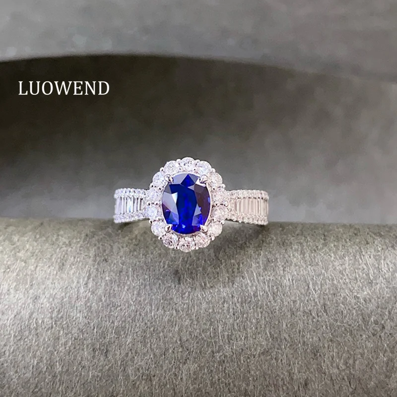 LUOWEND 100% 18K White Gold Rings Luxury Elegant Design Natural Diamond Natural Sapphire Ring for Women High Party Jewelry