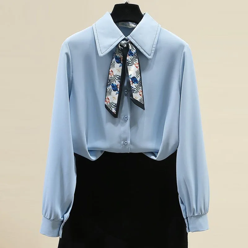 

Женская блузка-рубашка, новая шифоновая блузка-рубашка с длинным рукавом и отложным воротником на шнуровке, женские топы, блузки Blusas Para Mujer 2025 Q637