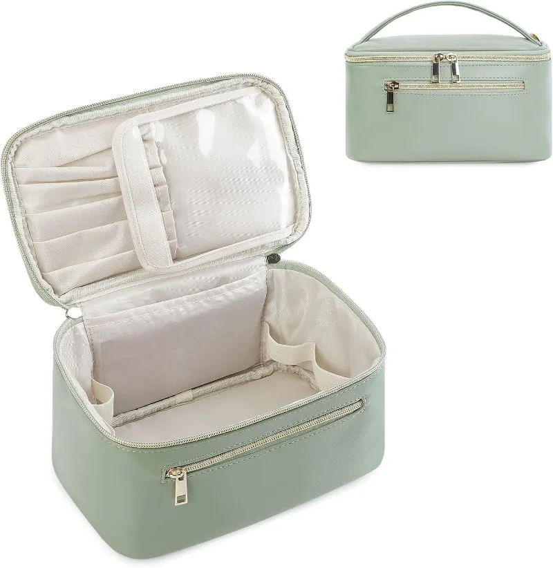 

Makeup Bag, Travel Cosmetic Organizer & Brush Case, Vegan Leather, Sage Green
