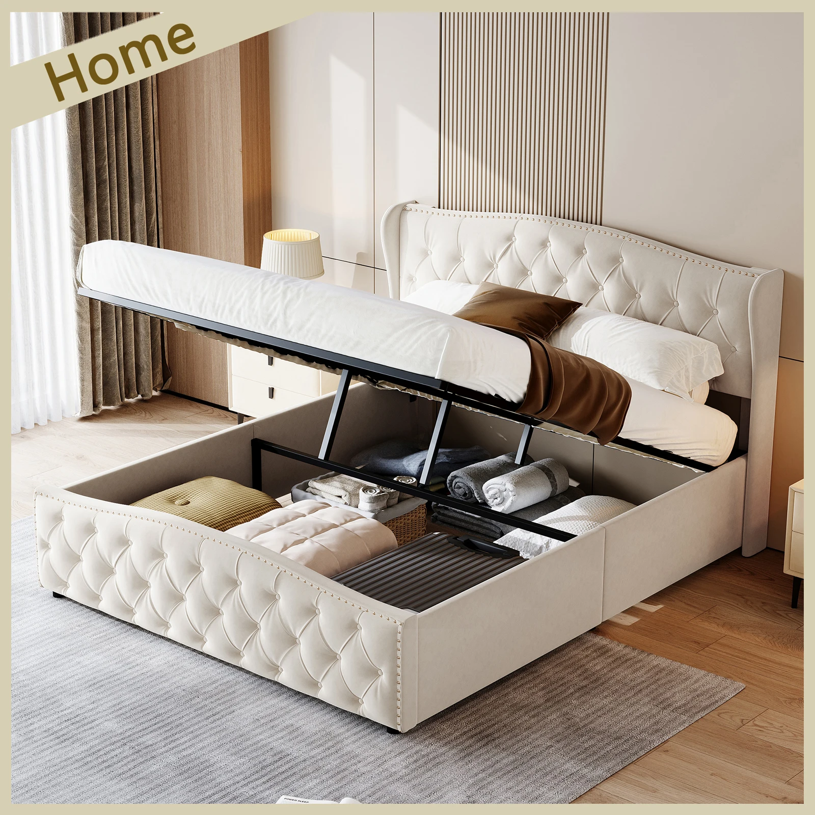 160 x 200 cm Modern Double Bed, Bed with Storage Space and Backrest, with Slatted Frame, Load-Bearing 250 kg, without Mattress