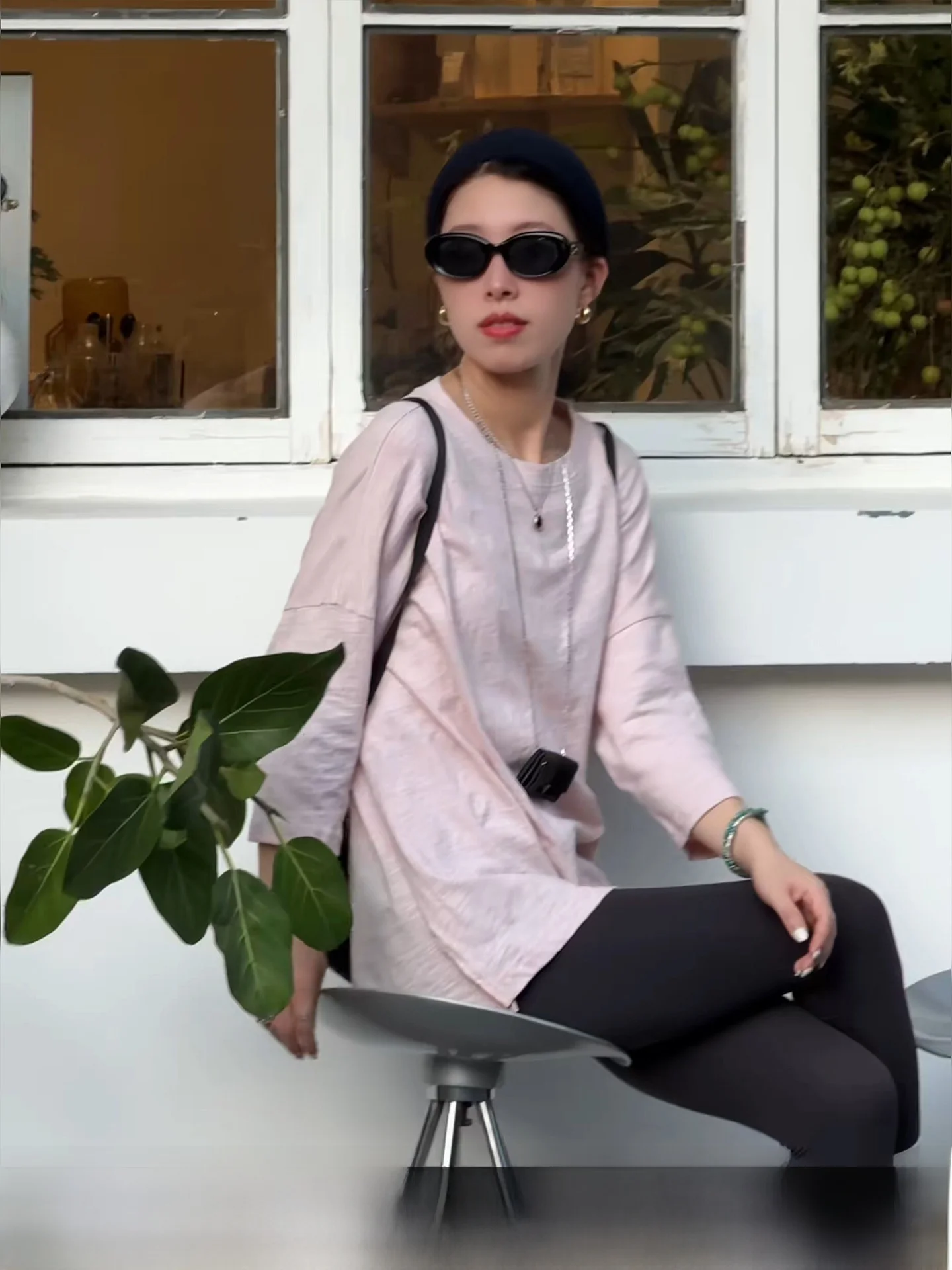

Sun Protection Pure Cotton Loose T-Shirt Women's Summer Thin round Neck Casual Seven-Quarter Sleeve Top Beibei