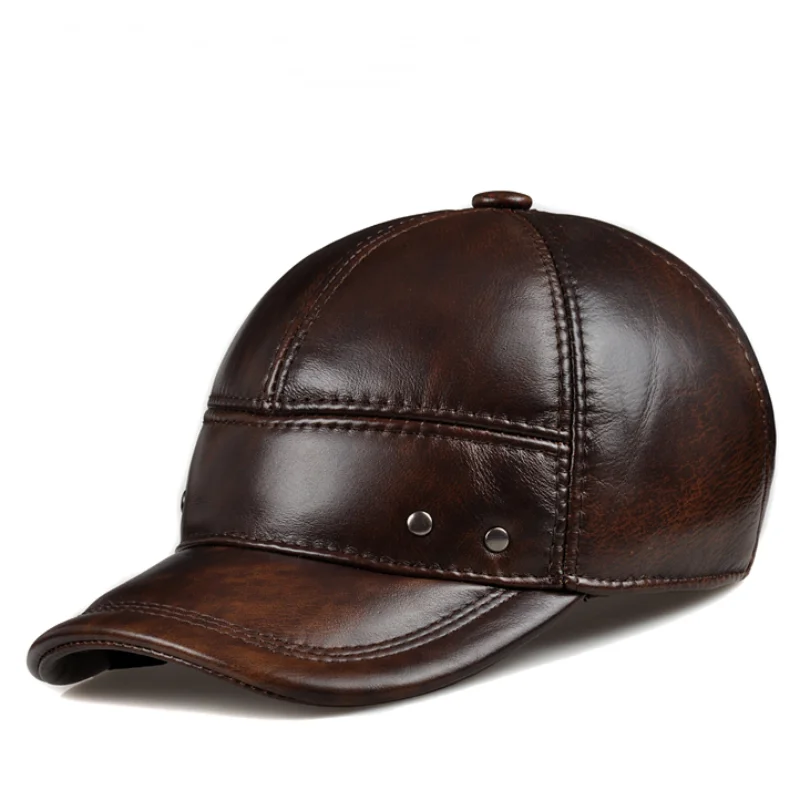 

Brand Winter Genuine Leather Black Brown Baseball Caps For Man Women Casual Street Outdoor Hockey Golf Gorras Real Cowhide Hat