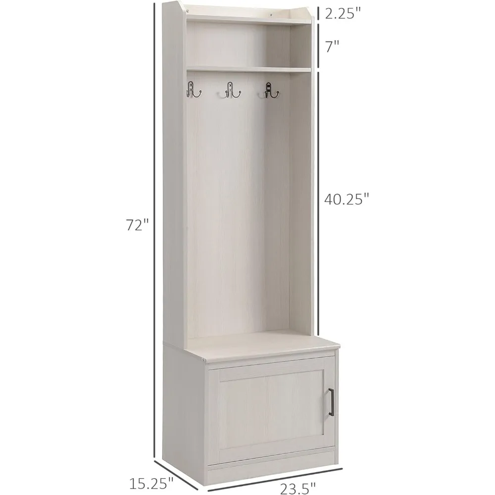 Rustic Hall Tree with Bench Coat Rack 3 Hooks 2 Shelves Shoe Cabinet White Solid Wood Finish Storage,White,clothe Racks