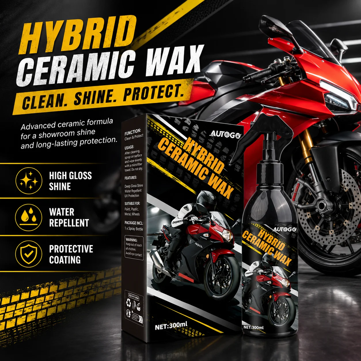 300ml Motorcycle Hybrid Ceramic Wax Spray, Water Repellent UV Protection High Gloss Protective Coating Polish for Bike Surface