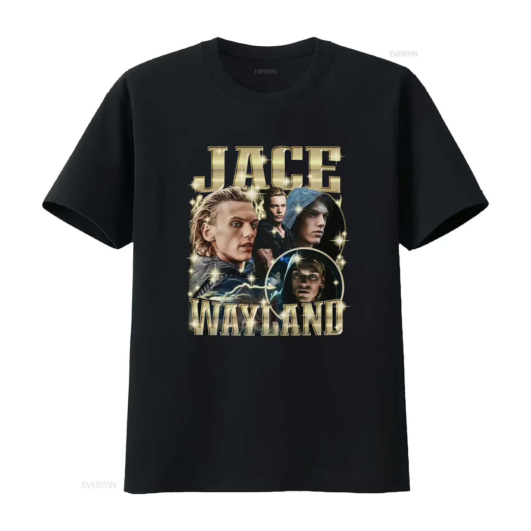 T shirt da uomo Mortal Instruments Jace Wayland con ritratto del personaggio iconico e stampa di testo dorato adatta per