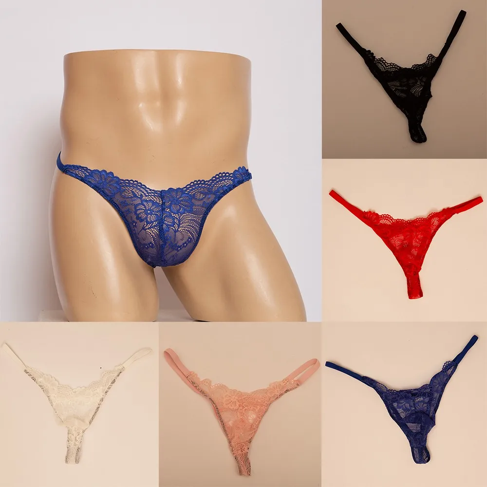 Sexy Sissy Lace Cuecas para Homens, Lingerie Low Rise, G-String Transparente, T-Back, Calcinha Oca, Roupa Interior Respirável, Bolsa Bugle