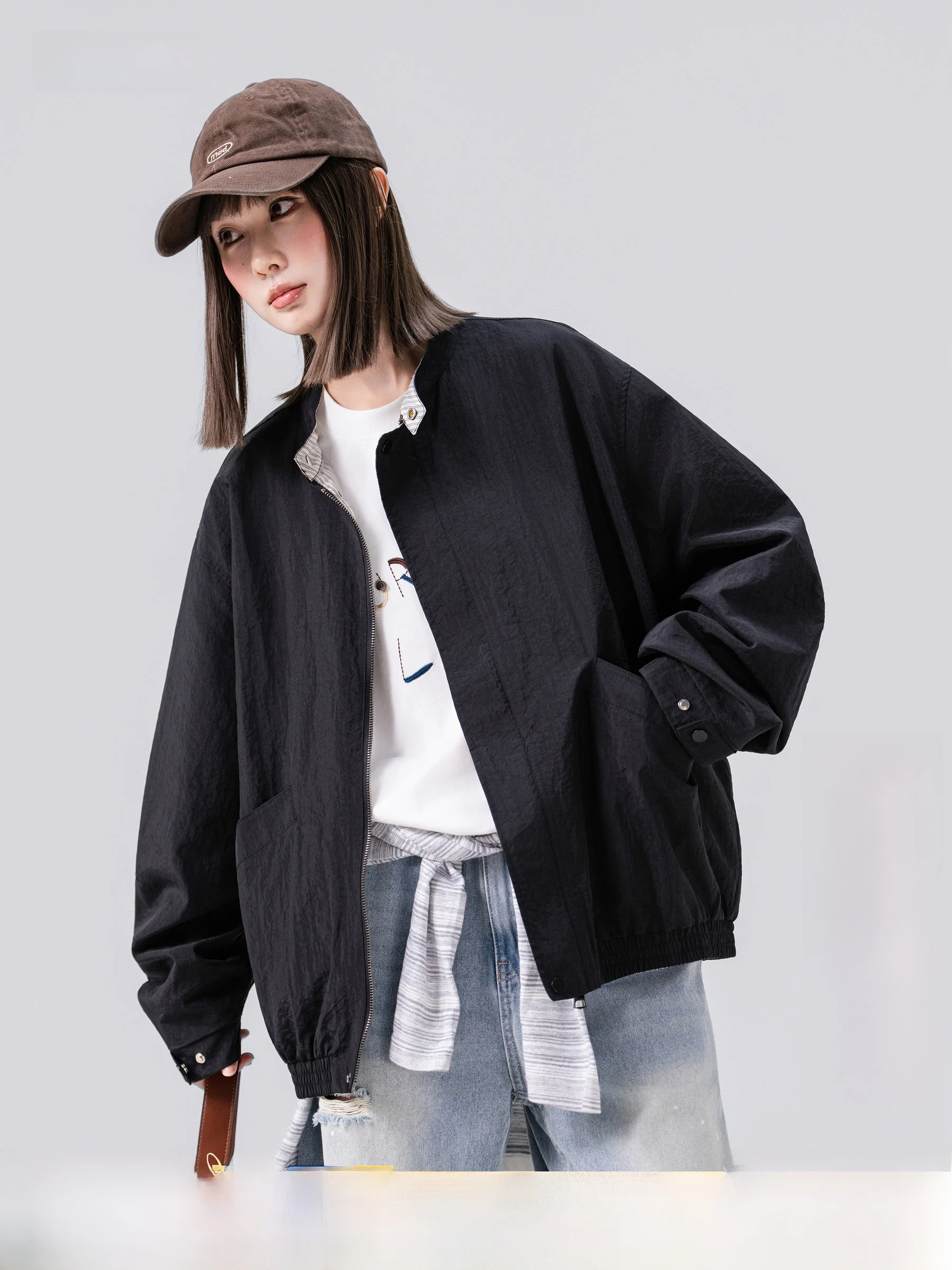 Casual Loose Fit Stand Collar Jacket Unisex Black Versatile Outerwear Polyester Fiber Long Sleeve Zipper Closure No Pattern